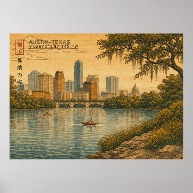 Affiche Austin Texas Skyline in Japanese Ukiyo-e (Devant)