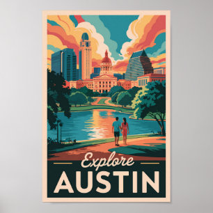 Affiche Austin Texas Skyline Travel Art Vintage