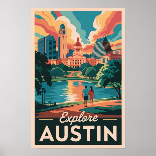 Affiche Austin Texas Skyline Voyage Art Rétro (Devant)