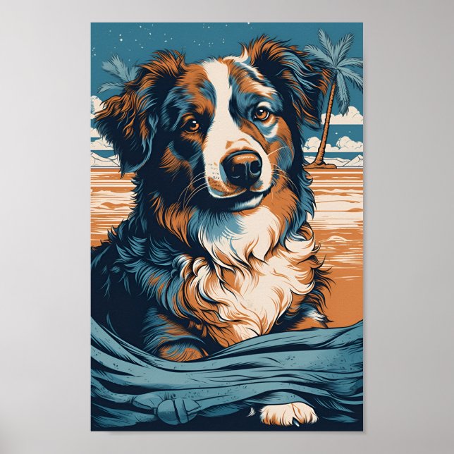 Affiche Australian Shepherd sur une plage tropicale (Devant)