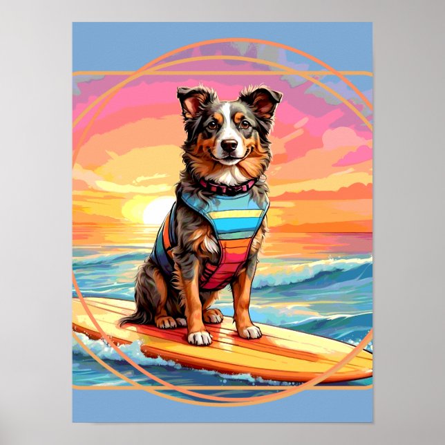 Affiche Australian Shepherd Surfing (Devant)
