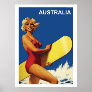 Affiche Australie, fille surfeuse sur la plage, vintage