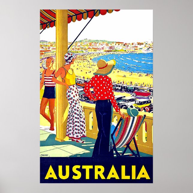 Affiche Australie plage, vue, personnes en terrasse, vinta (Devant)