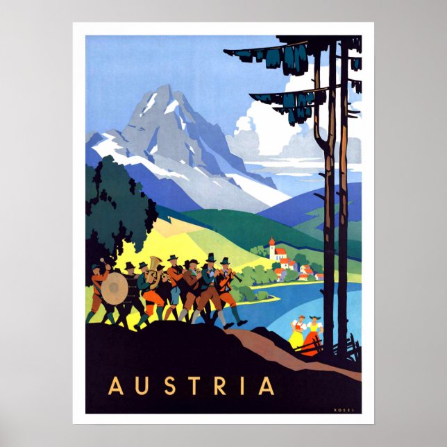 Affiche Austria, Alps, mountains, music orchestra, vintage (Devant)