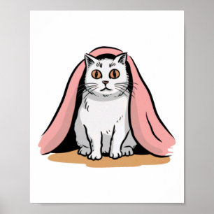 Affiche Autocollant Chat Blanc Sous Une Couverture Rose 