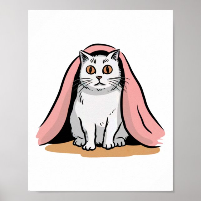 Affiche Autocollant Chat Blanc Sous Une Couverture Rose  (Devant)