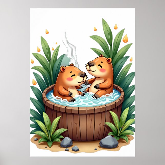 Affiche Autocollant d'art aquarelle Capybara Bain à remous (Devant)
