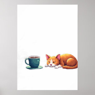 Affiche Autocollant d'art pixel de chat pour café au matin