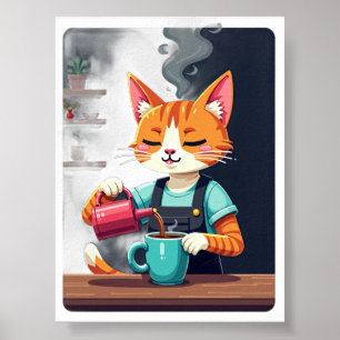 Affiche Autocollant de chat barista fatigué addict au café