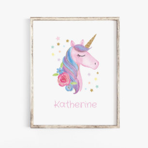 Affiche Autocollant mural prénom Licorne mignonne pour la 
