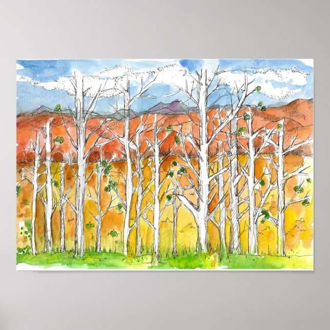 Affiche Automne Aspen Tree Grotte Aquarelle Art (Devant)