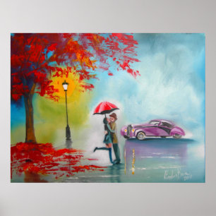 Affiche Automne automne pluie jour de baiser couple vintag