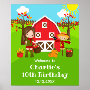Affiche Automne Barnyard Anniversaire Brown Cheveux Fille 