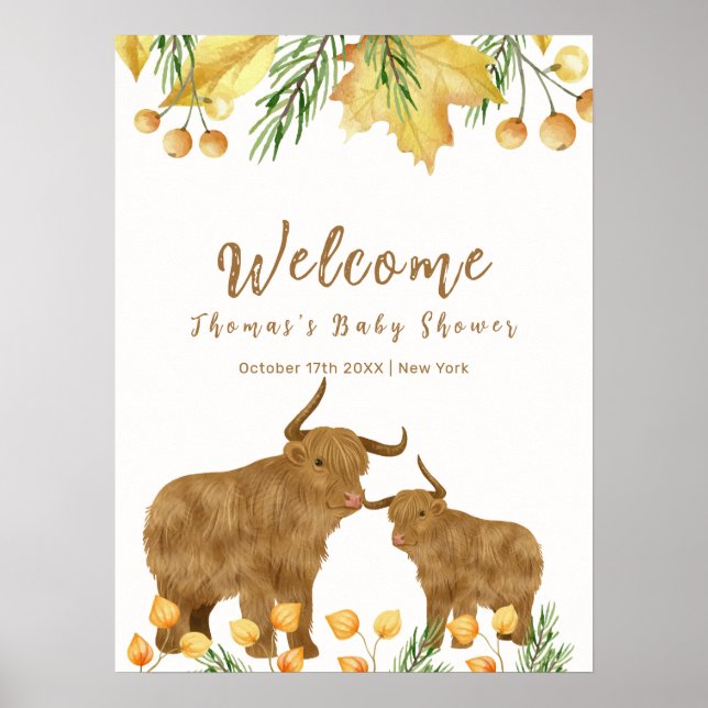 Affiche Automne Boho Highland Vache Baby shower Bienvenue (Devant)