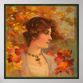Affiche Automne Chromolithographe Portrait Antique