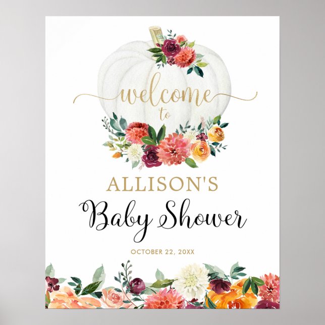 Affiche Automne citrouille bordeaux baby shower floral bie (Devant)