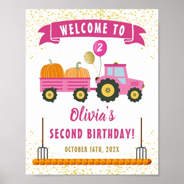 Affiche Automne Citrouille Pink Tractor Girl Anniversaire  (Devant)