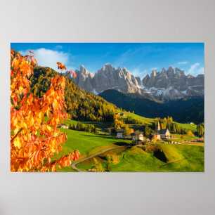 Affiche Automne dans un paysage de Dolomites avec église