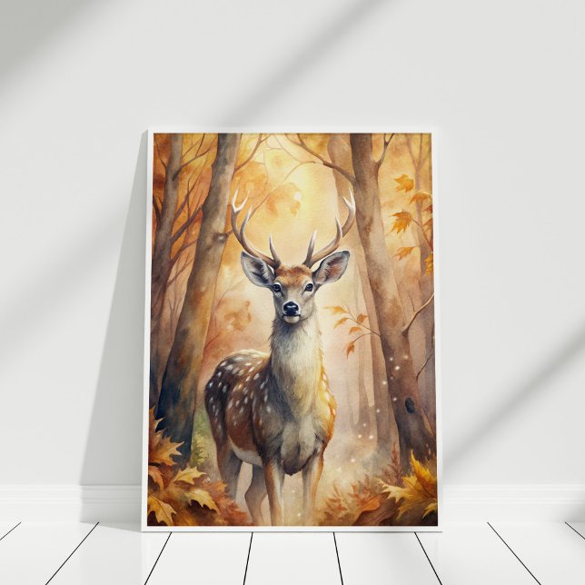 Affiche Automne de cerfs de bois - OEuvre murale inspirée  (Woodland Deer Autumn – Nature-Inspired Wall Art in a white wooden frame)