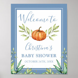 Affiche Automne Dusty Blue Citrouille Baby shower Bienvenu