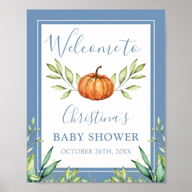 Affiche Automne Dusty Blue Citrouille Baby shower Bienvenu (Devant)