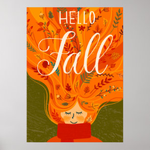 Affiche Automne fille Cheveux rouges, feuille