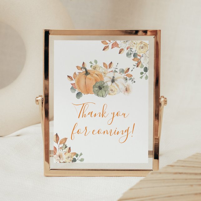 Affiche Automne Floral Citrouille Merci pour venir (Autumn Pumpkin Baby Shower Thank you for Coming Sign)