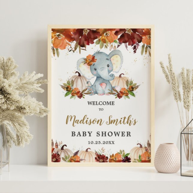 Affiche Automne Floral Citrouille mignon Baby shower éléph (Créateur téléchargé)