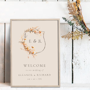 Affiche Automne Floral Crest Monogramme Mariage Bienvenue