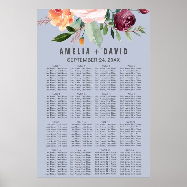 Affiche Automne Floral Dusty Blue Seating Chart (Devant)