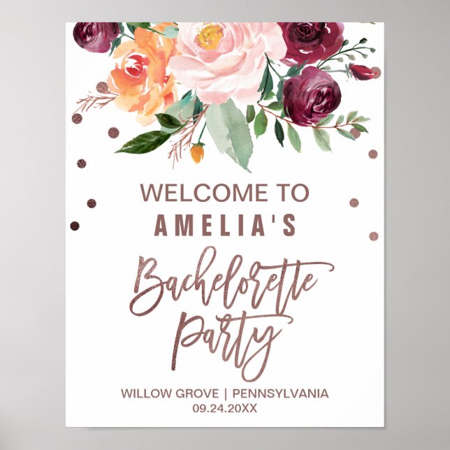 Affiche Automne Floral Rose Gold Light Bachelorette Bienve (Devant)