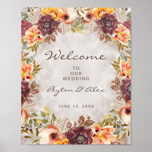 Affiche Automne Orange Bourgogne Mariage Floral Bienvenue (Devant)