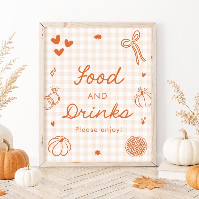 Affiche Automne Orange Gingham Nourriture et Boissons Dess (Fall Orange Gingham Hand Drawn Food and Drinks Sign)