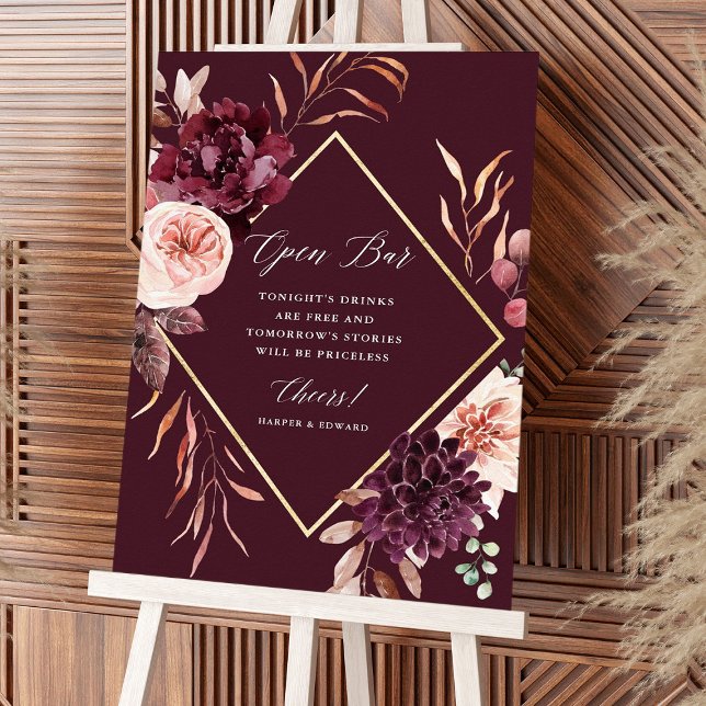 Affiche Automne Romance Gold Frame Floral Mariage Open Bar (Créateur téléchargé)