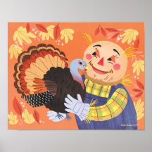 Automne Scarecrow and Turkey Art Print