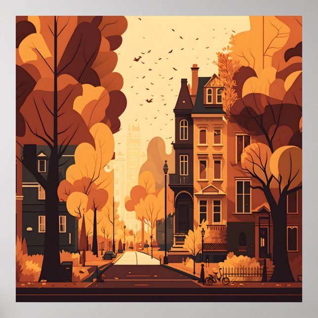Affiche Automne Ville Rue Russe Orange Rouge Jaune Brown (Devant)