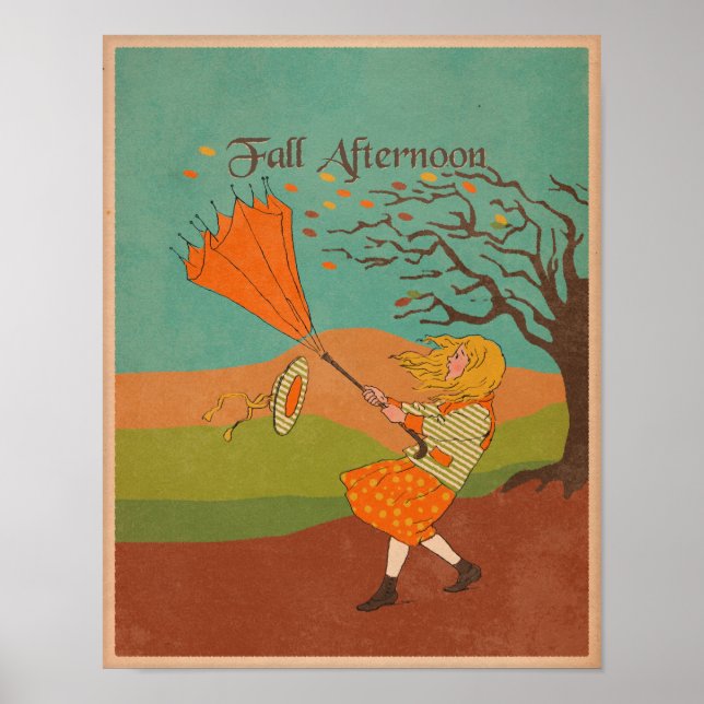 Affiche Automne vintage Fille éolien avec parapluie (Devant)