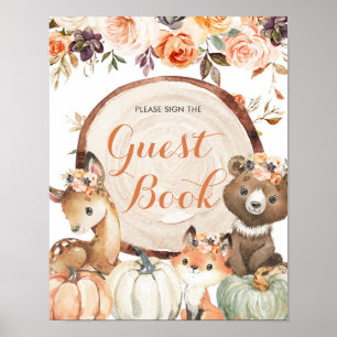 Affiche Automne Woodland Girl Baby shower livre d'invité