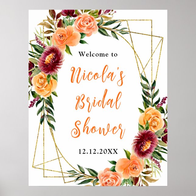 Affiche Autumn and Burgundy Orange Bridal Shower Welcome (Devant)