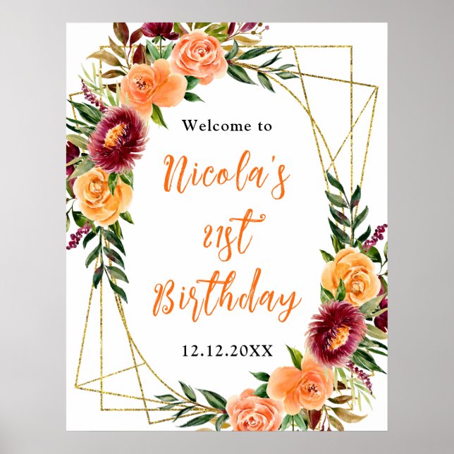 Affiche Autumn Burgundy and Orange Birthday Welcome (Devant)