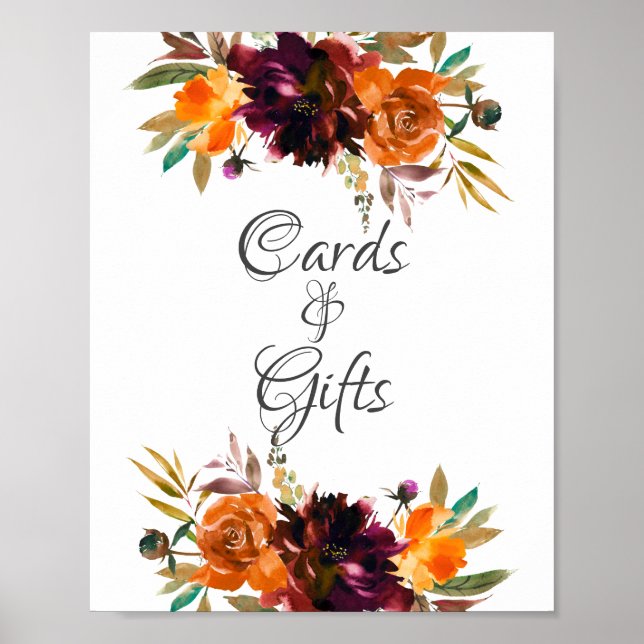 Affiche Autumn Burgundy Orange Bridal Shower Cards & Gifts (Devant)