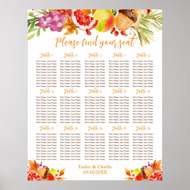 Affiche Autumn Fall Harvest 15 Tables Seating Chart (Devant)