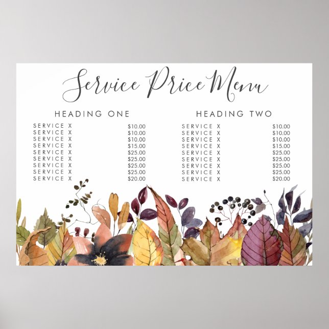 Affiche Autumn Fall Service Price Menu Custom Printed (Devant)