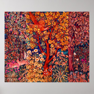 Affiche AUTUMN FOREST ANIMALS Haricots, faisan, Floral rou