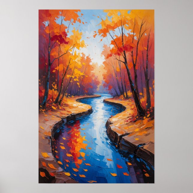 Affiche Autumn Forest Path with Flowing Stream Landscape (Devant)
