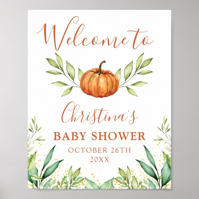 Affiche Autumn Greenery Pumpkin Fall Baby Shower Welcome (Devant)