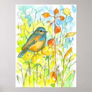 Affiche Autumn Leaves Bluebird Watercolor