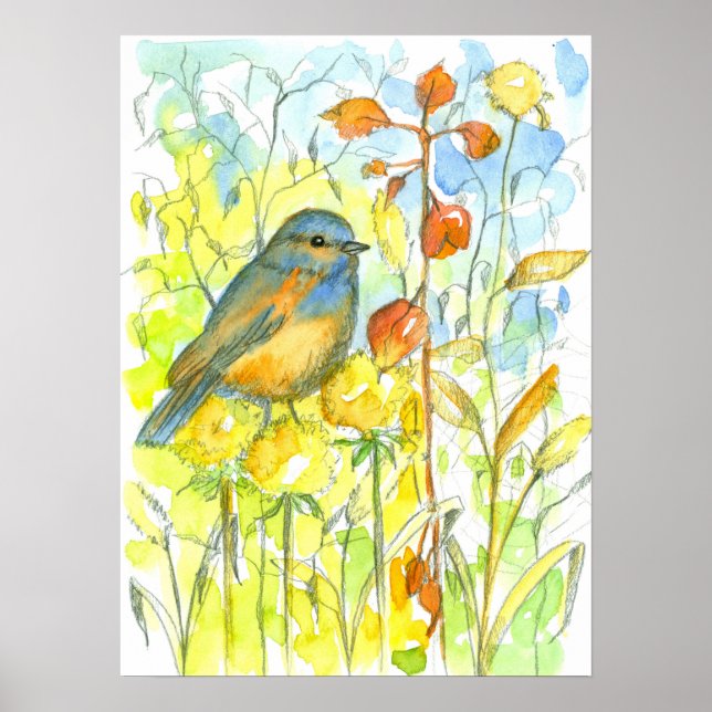 Affiche Autumn Leaves Bluebird Watercolor (Devant)