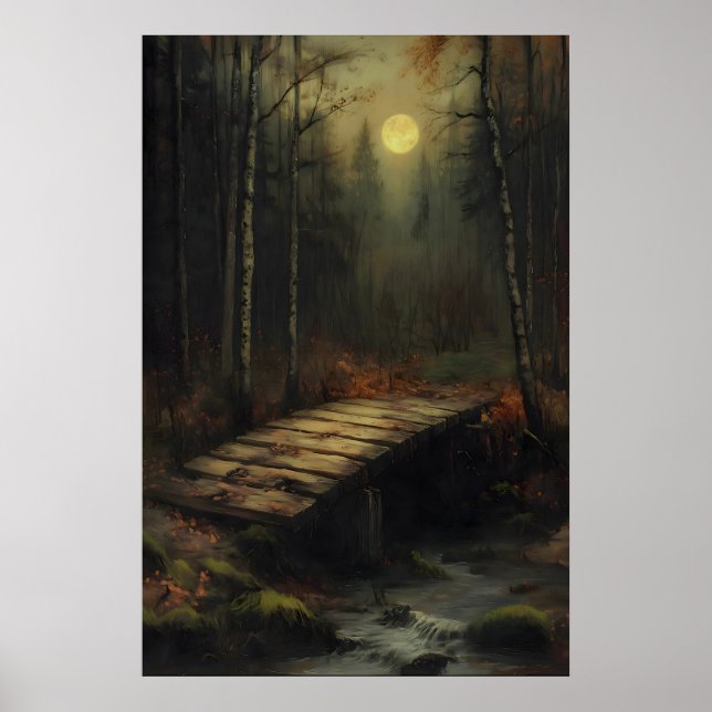 Affiche Autumn Moonlit Forest Bridge Rustic Woodland Art (Devant)