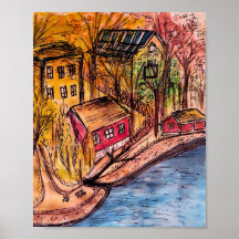 Autumn Riverside Art - Cosy Automne Illustration